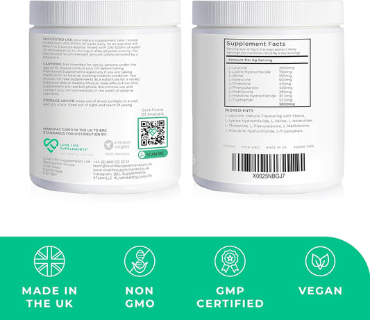 Eaa Amino Acids Powder, All 9 Essential Amino Acids Including Bcaa'S, Watermelon Flavour, 360G - 60 Servings (5G Of Eaa'S Per Serving) - Love Life Supplements