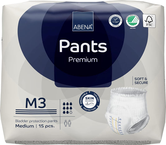 Abena Pants Premium Pull-Up Incontinence Pants, Eco-Labelled Incontinence Pants for Men & Women, Discreet, Protective, Breathable, Comfortable, Medium 3, 80-110cm Waist, 2400ml Absorbency, 15PK