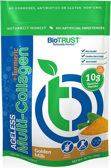 Biotrust Collagen Powder With Turmeric – 5 Types (I, Ii, Iii, V, X) – Turmeric Collagen Powder For Women & Men – Hydrolyzed Protein – Grass Fed Beef, Fish, Chicken, Eggshell Membrane (Golden Milk)