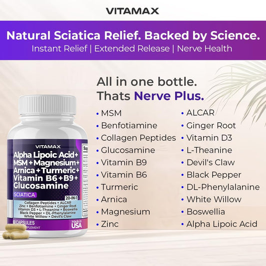 Sciatic Nerve Health Support - Sciatic Nerve Supplement Capsules With Folic Acid, Pea, Glucosamine, Msm, Vitamin B Complex, Alpha Lipoic Acid 300Mg – 60Ct – Made In Usa