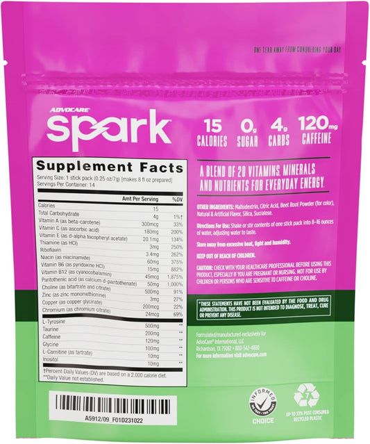 Advocare Spark Vitamin & Amino Acid Supplement - Focus & Energy Drink Powder Mix With Vitamin A, B-6, C & E - Also Includes L-Carnitine & L-Tyrosine - Water Melon, 14 Stick Packs