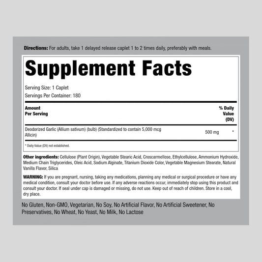 Piping Rock Odorless Garlic Supplement High Allicin | 180 Caplets | Odor Free | Vegetarian, Non-Gmo, Gluten Free