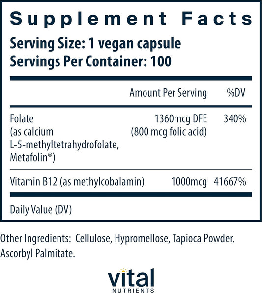 Vital Nutrients Vitamin B12 & Methyl Folate | Vegan Methylated Folate And B12 Supplement | Supports Nervous System & Metabolism* | High-Potency B12 Vitamins * | Gluten, Dairy, Soy Free | 100 Capsules