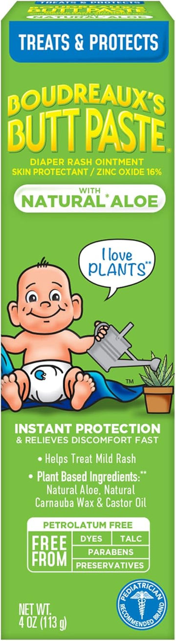 Boudreaux'S Butt Paste With Natural* Aloe Diaper Rash Cream, Ointment For Baby, 4 Oz Tube