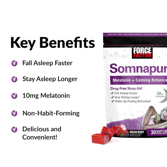 Force Factor Somnapure Soft Chews With 10Mg Melatonin, L-Theanine, Chamomile, Lemon Balm, Dream Berry Flavor, 30 Soft Chews