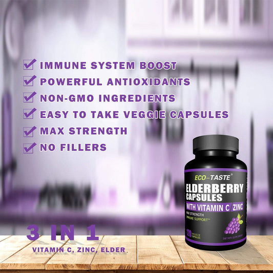 Eco-Taste Elderberry Capsules With Zinc & Vitamin C - 120 Capsules, Sambucus Elderberries For Immune Support, Skin Health - Veggie Caps