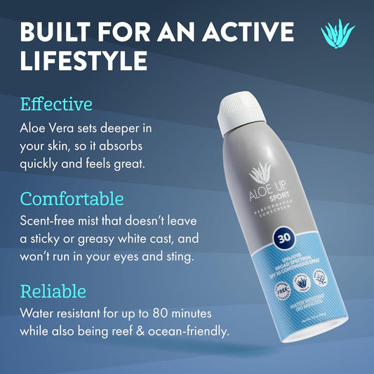 Aloe Up Sport Continuous Spray Sunscreen SPF 30 - Broad Spectrum UVA/UVB Sunscreen Protector for Face and Body - With Aloe Vera Gel - Fast Absorbing Sheer Formula - Reef Safe - Fragrance-Free - 6 Oz
