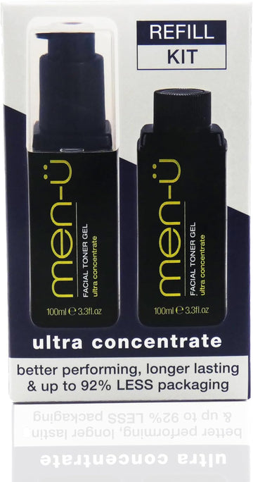 Men-Ü Facial Toner Gel (Matt Skin Refresh Gel) Refill Kit, Oily Skin & Salicylic Acid Cleanser For Men, Up To 240 Apps, Toner Gel With Witch Hazel. 100Ml Bottle + Refill
