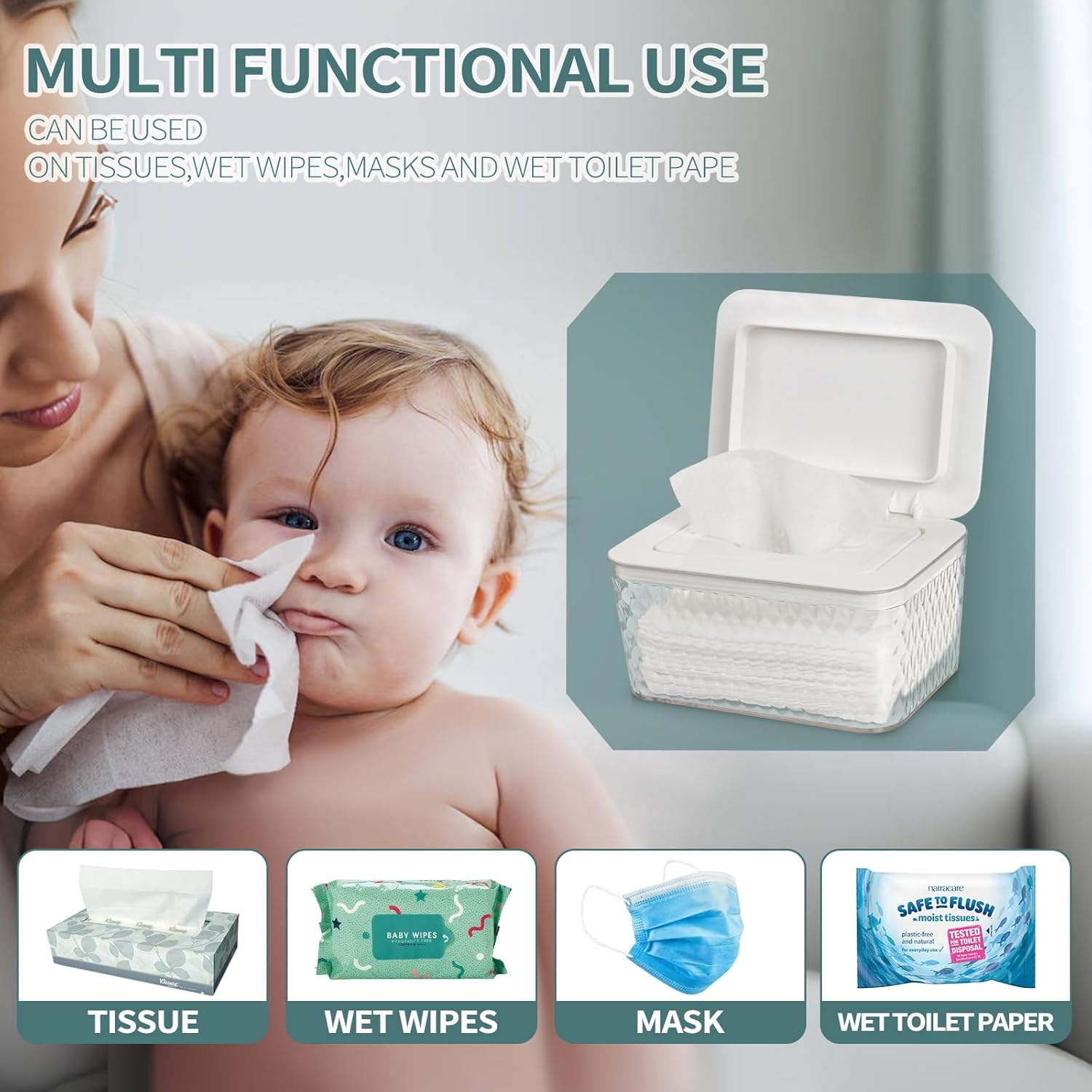 Wipes Dispenser, One-Handed Operation Wipe Holder For Baby & Adult, Seal-Designed Wipes Container For Bathroom Keep Diaper Wipes Fresh (White)