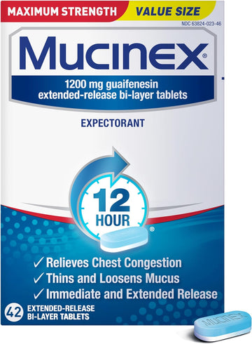 Mucinex 12 Hour Maximum Strength 1200 Mg Guaifenesin Extended-Release Tablets For Excess Mucus Relief, Expectorant Aids Excess Mucus Removal, Chest Congestion Relief, 42 Tablets