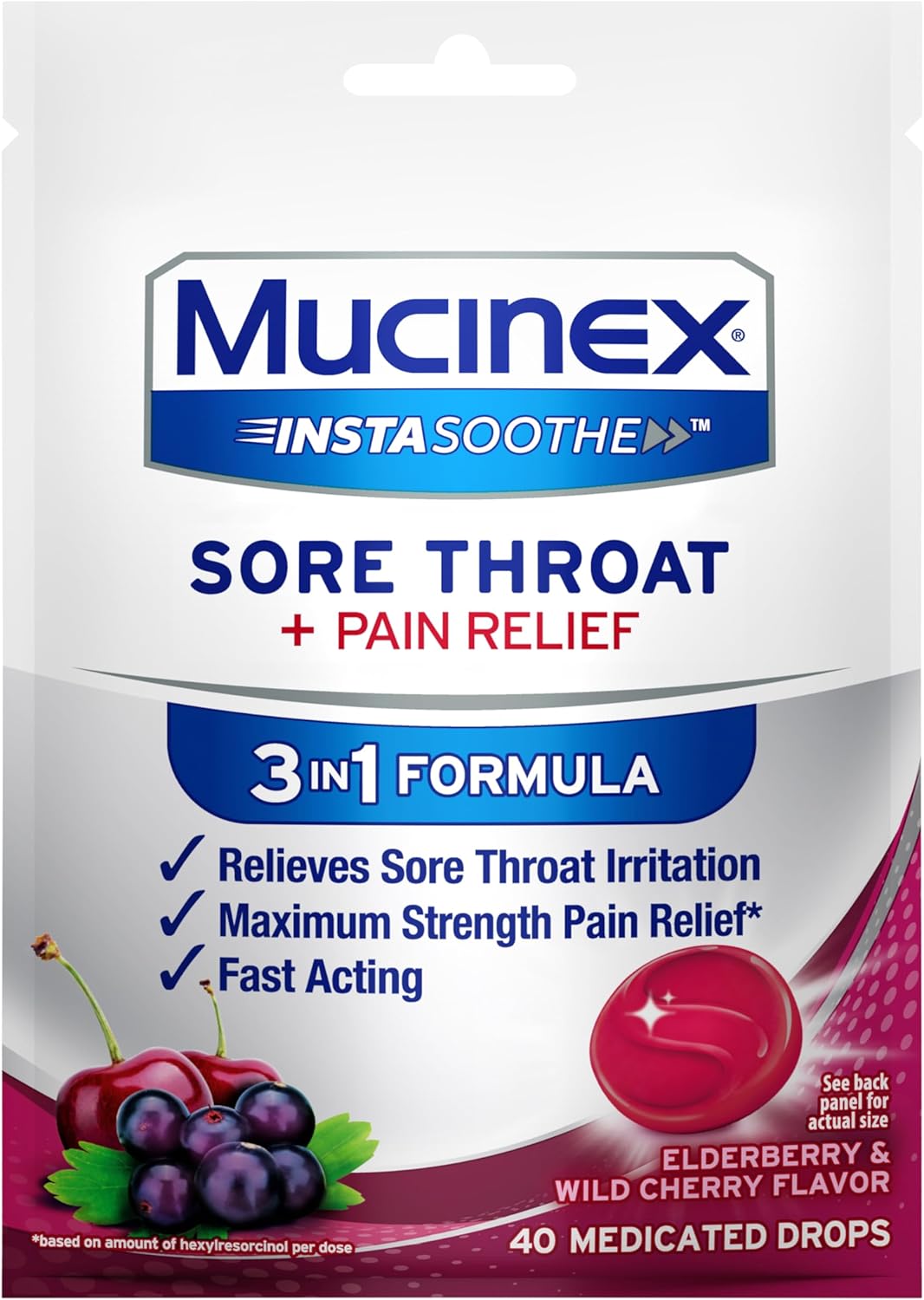 Mucinex Instasoothe Sore Throat Relief, Sore Throat Lozenges, Sore Throat Medicine With Hexylresorcinol, Cough Drops Alternative, 40 Elderberry & Wild Cherry Medicated Numbing Throat Drops