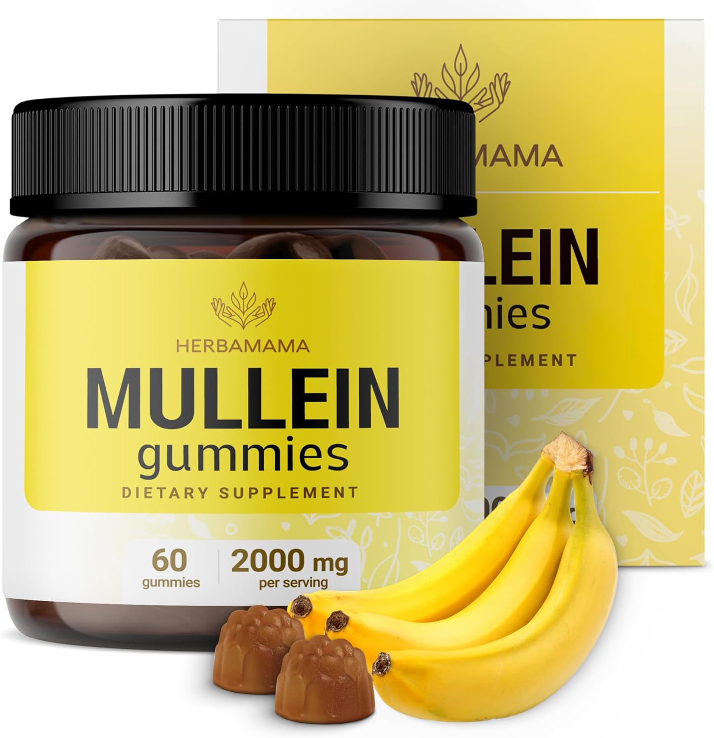 Herbamama Mullein Gummies For Lungs - 2000 Mg Mullein Leaf Respiratory Supplements - Lung Cleanse And Detox - Vegan, Gelatin-Free, Non-Gmo - 60 Banana-Flavored Chews