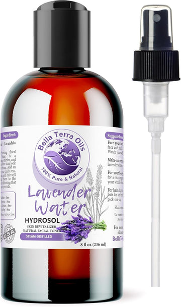 Bella Terra Oils - Lavender Water Spray 8 oz - Steam-Distilled Perfection, Bursting with Vitamin K & Omega-9, Elevate Your Skin Refreshment Routine