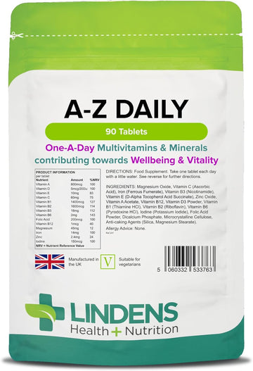 Lindens - Multivitamin A-Z Daily Tablets - 360 Pack (90 X 4) - Uk Made - Perfect Vitamin & Mineral Balance Of Vitamin A, C, D, E, B1, B2, B3, B6, B12, Folic Acid, Magnesium, Iron, Zinc & Iodine