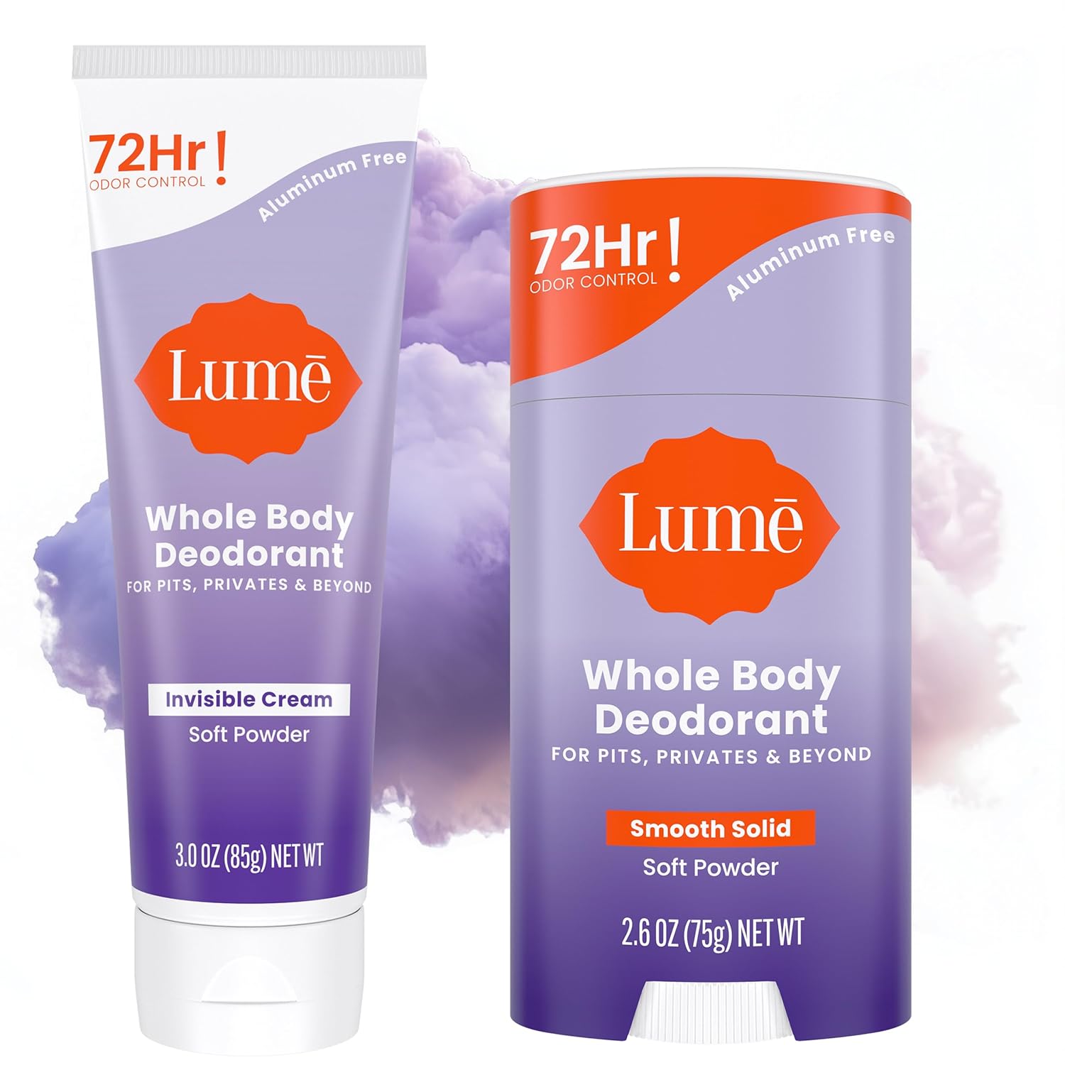Lume Whole Body Deodorant - Invisible Cream Tube And Solid Stick - 72 Hour Odor Control - Aluminum Free, Baking Soda Free, Skin Safe - 3.0 Ounce Tube And 2.6 Ounce Solid Stick Bundle (Clean Tangerine)