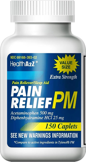 Healtha2Z® Extra Strength Pain Relief Pm| Acetaminophen 500Mg | Diphenhydramine 25Mg | Pain Reliever & Nighttime Sleep Aid | Non-Habit Forming (150 Count (Pack Of 1))