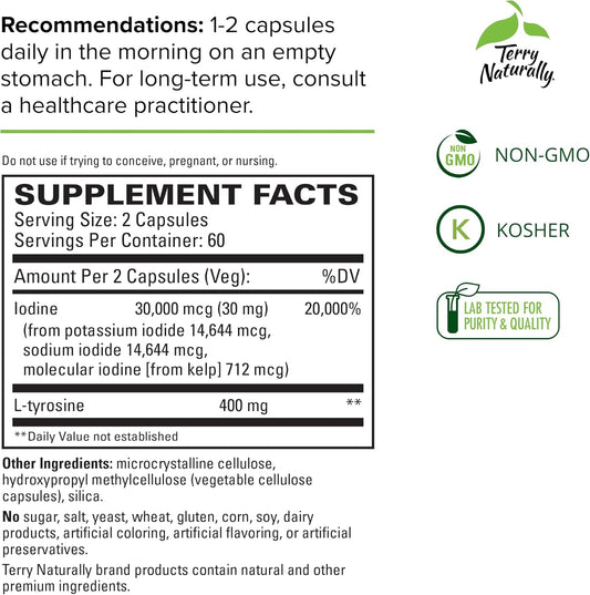 Terry Naturally Thyroid Care - 120 Capsules - Complete Metabolic Function - With Iodine + L-Tyrosine - Non-Gmo, Gluten Free, Kosher - 60 Servings