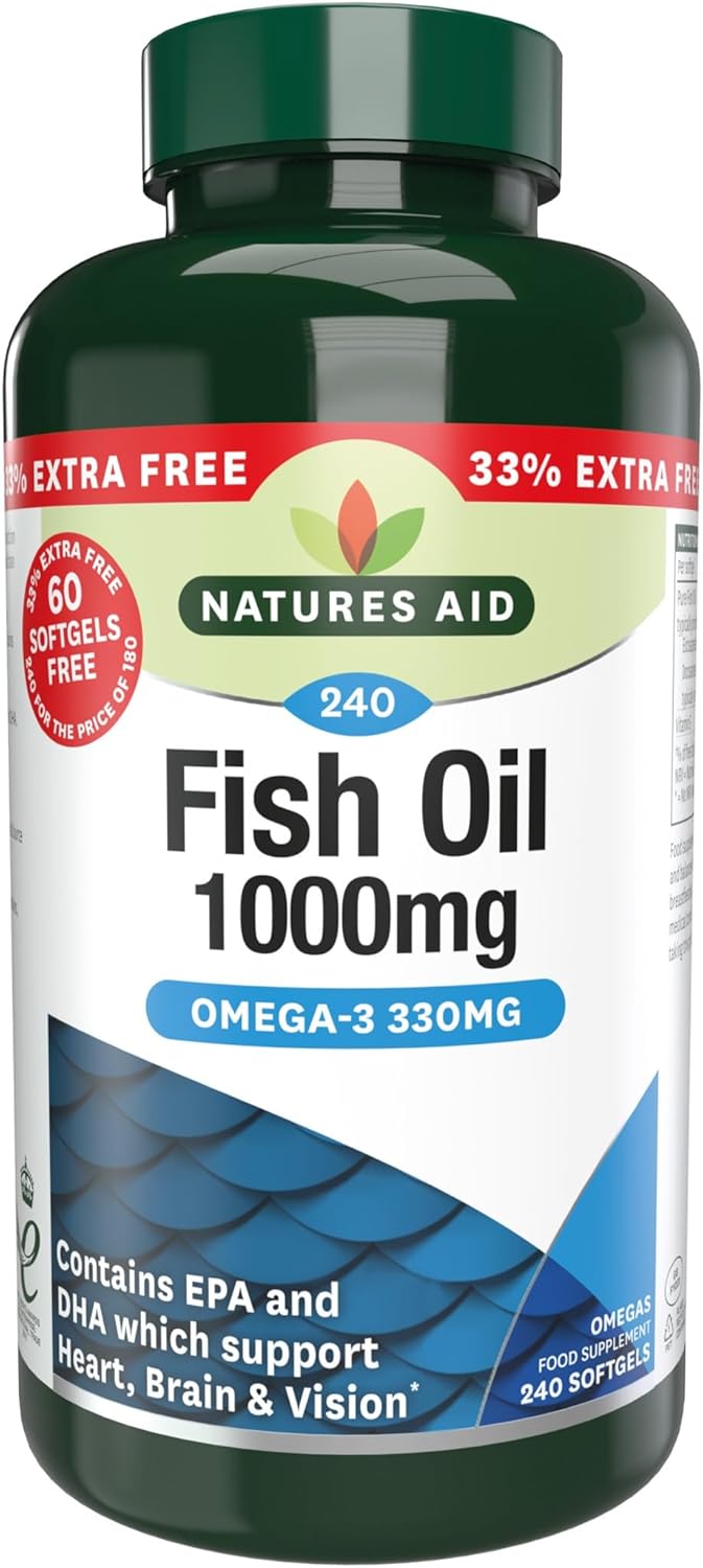 Natures Aid Fish Oil 1000Mg – High Strength Omega-3 Supplement – Pure Epa & Dha – Supports Heart, Brain, Vision & Joint Health – Non-Gmo – No Artificial Additives – 180 Capsules