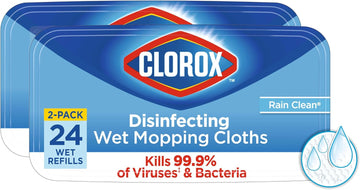 Clorox Disinfecting Wet Mop Pad, Disposable Mop Heads, Multi-Surface Floor Wipes, Rain Clean, 2 Packs, 24 Wet Refills Per Pack (Package May Vary)