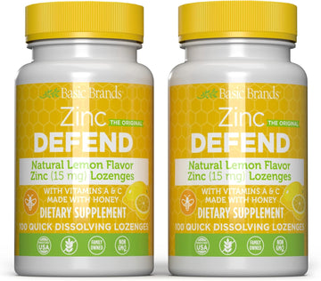 Basic Brands ? Zinc Lemon Defend - 100 Lozenges - Natural Lemon Flavor Zinc?Lozenges - Immune Boost, Cold Relief, Non-GMO, Zinc Acetate & Vitamin C - 2-Pack