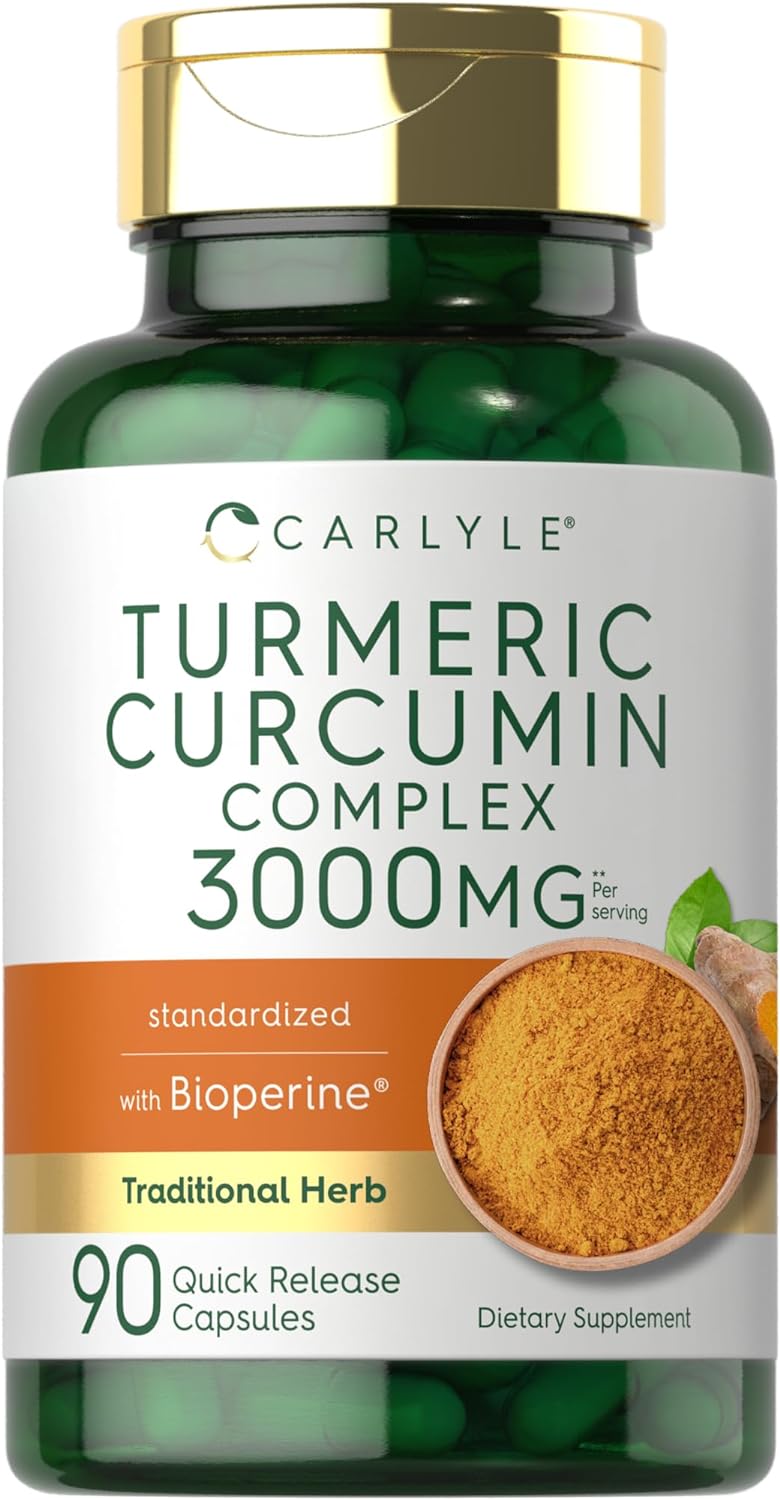 Carlyle Turmeric Curcumin with Black Pepper 3000mg | 90 Powder Capsules | Complex Supplement with Bioperine | Non-GMO, Gluten Free