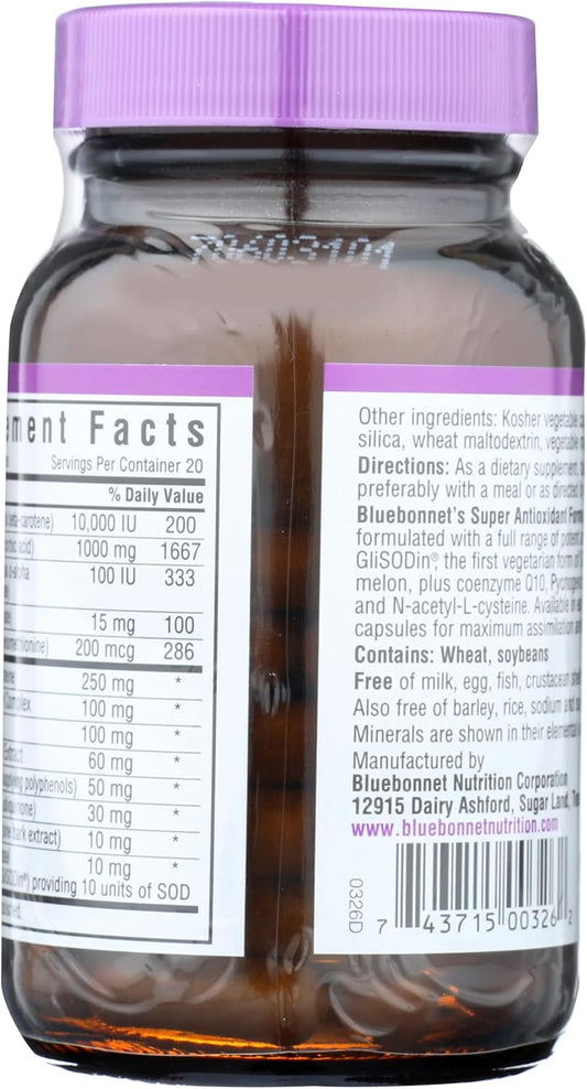 Bluebonnet Super Antioxidant Formula Vegetarian Capsules, 60 Count, White