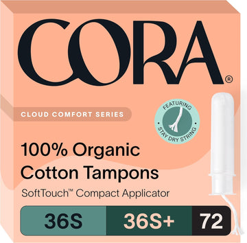 Cora Organic Applicator Tampon Multipack | 36 Super & 36 Super Plus Absorbency | 100% Organic Cotton, Unscented, Bpa-Free Compact Applicator | Leak Protection, Easy Insertion, Non-Toxic | 72 Total