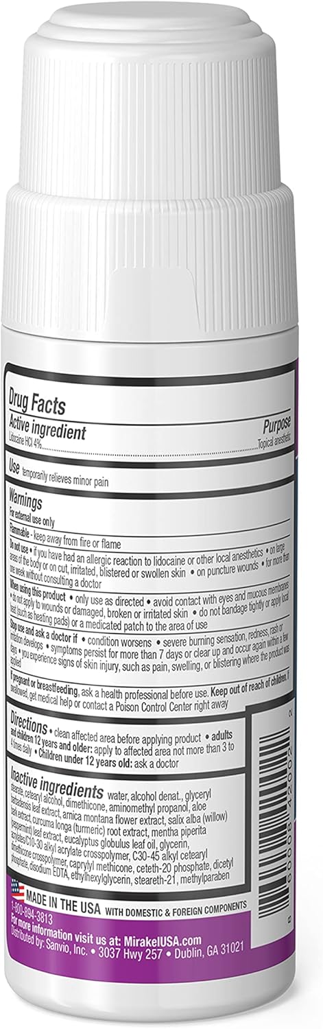 Mirakel Nerve Pain Relief Roll-On, Maximum Strength Lidocaine To Relieve Pain In Toes, Feet, Fingers, Hands, Legs & Arms, 3 Oz