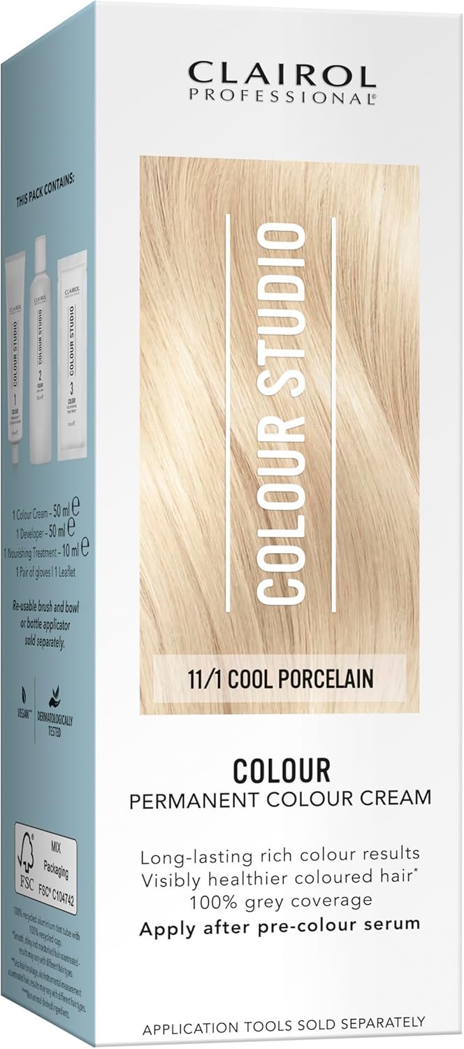 Clairol Colour Studio Permanent Colour Cream | Hair Dye | Long-Lasting Rich Tones | 100% Grey Coverage | Dermatologically Tested Vegan Formula | Hair Colouring Kit | Cool Porcelain 11/1 I 50Ml