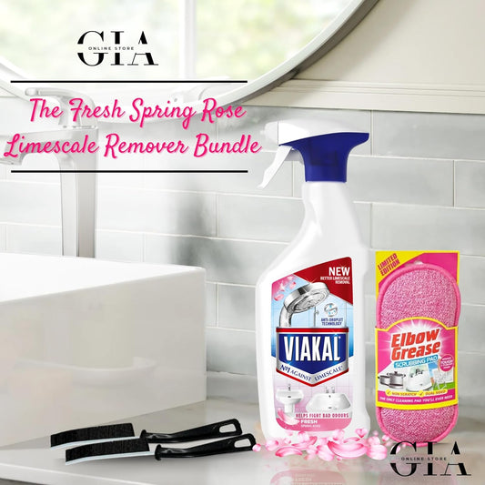 Spring Rose Limescale Remover Spray Bundle: Limescale Remover Spray 500Ml, Bonus Pink Elbow Grease Scrubbing Pad & Crevice Brushes - Ideal For Limescale Removal On Toilet, Bathtub & Kitchen Surfaces