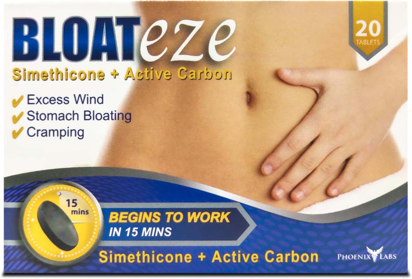 Bloateze Stomach Bloating, Cramping & Trapped Wind Relief For Adults | Begins To Work In 15 Minutes | With Active Carbon (20 Tablets)
