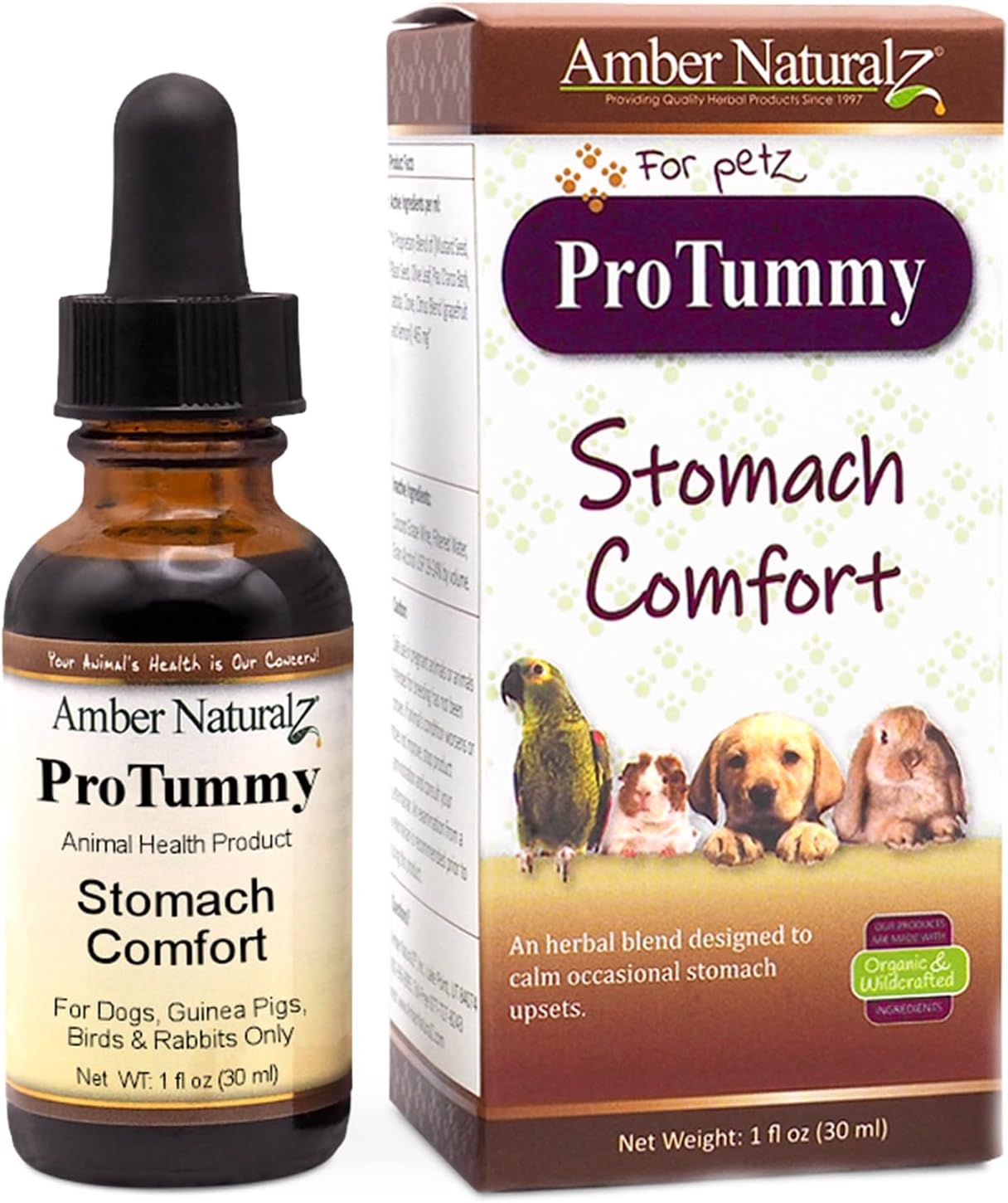 Amber Naturalz Protummy Stomach Comfort Herbal Blend For Dogs, Bird, Guinea Pigs, And Rabbits | Herbal Supplement For Occasional Upset Stomach | 4 Fluid Ounce Glass Bottle | Manufactured In The Usa