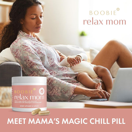 Boobie Relax Mom, Stress Support Supplement | Safe For Pregnancy & Lactation | Mood And Energy Support With Ashwagandha & L-Theanine, 60 Capsules