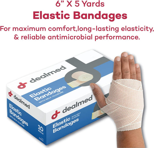 Dealmed 6" Elastic Bandage Wrap With Self-Closure – 10 Elastic Bandages, 5 Yards Stretched Compression Bandage Wrap, Wound Care Product For First Aid Kit And Medical Facilities