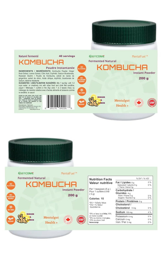 Mentalfuel Kombucha Drink Powder - Instant Sparkling Fermented Kombucha Powder, Ginger Lemon Flavor, 200G | 40 Servings | Supports Gut-Brain Health, Anti-Oxidation | Gluten-Free, Non-Gmo