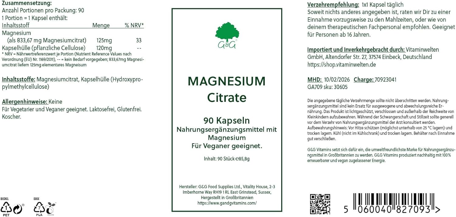 Magnesium Citrate | 125Mg Elemental Magnesium Per Capsule | 90 Vegan Capsules | G&G Vitamins