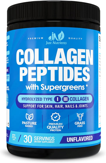 Collagen Peptides Powder With Super Greens - Hydrolyzed Collagen Type I & Iii For Hair, Skin, Nails & Joints – Superfoods, Digestive Enzymes, Grass-Fed, Non-Gmo, Unflavored - 30 Servings