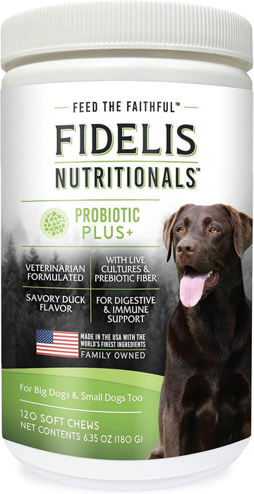 Fidelis Probiotic Plus+ Pet Probiotics For Dogs, Digestive Gut Health, Yeast, Itchy Skin/Ears, Paw Licking, Safe Dog Treat Supplement For Pets, Adult, Big & Small, Made In Usa, Duck Flavor, 120 Chews