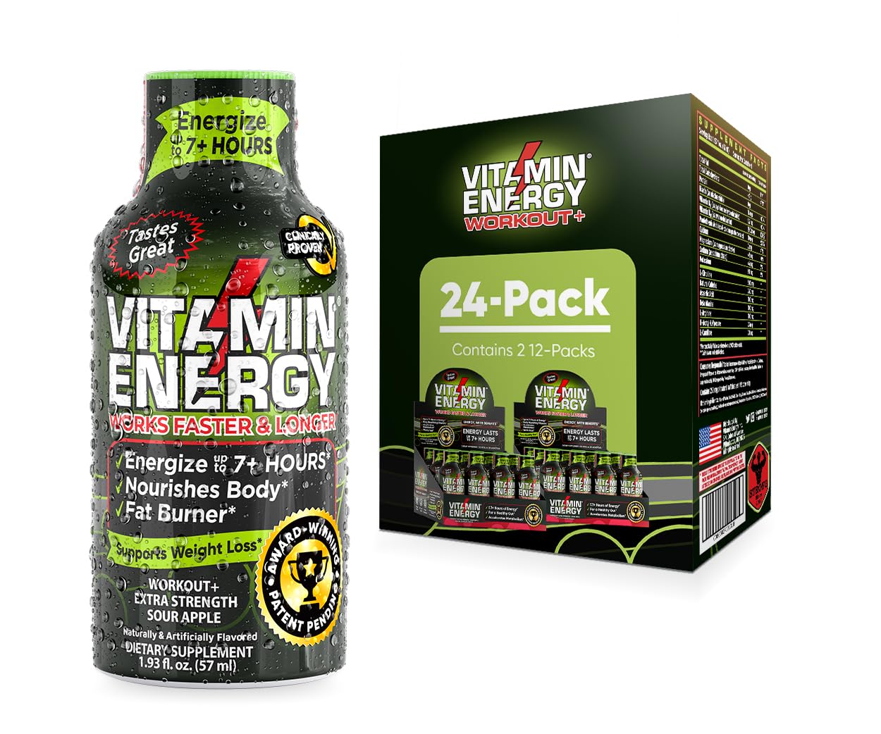 Pre Workout Vitamin Energy Drink - Keto Friendly Sugar Free Shots | Natural Clean Green Tea Caffeine With Proprietary Endurance Blend | Energize Up To 7+ Hours - Sour Apple - 1.93 Fl Oz (Pack Of 24)