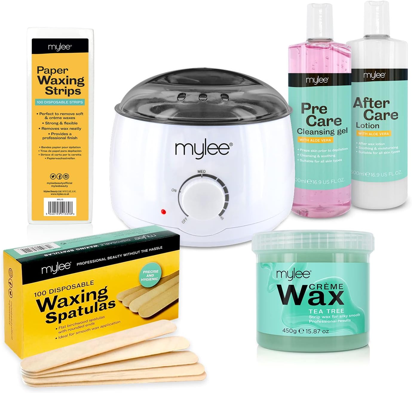 Mylee Complete Waxing Kit, Includes Salon Quality Wax Heater, Soft Cream Wax, Waxing Strips, Spatulas And Mylee Pre & After Care Lotion (Tea Tree)