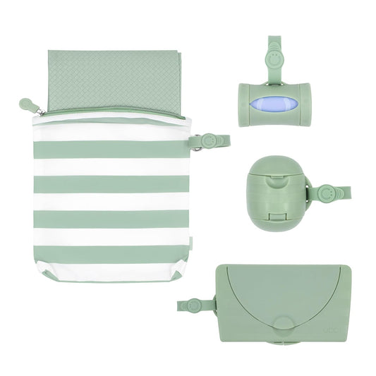 Ubbi On-The-Go Diapering Gift Set, Includes Changing Mat And Bag, Wipes Dispenser, Pacifier Holder And Bag Dispenser, Newborn Essentials, Sage