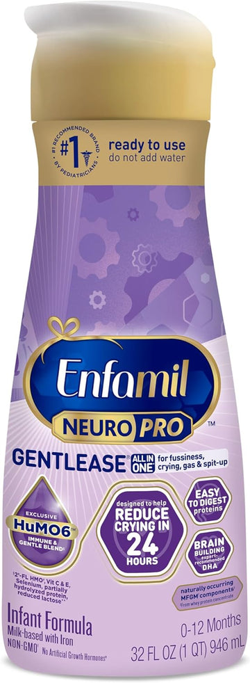 Enfamil NeuroPro Gentlease Baby Formula, Brain Building DHA, HuMO6 Immune Blend, Designed to Reduce Fussiness, Crying, Gas & Spit-up in 24 Hrs, Ready-to-Feed Gentle Infant Formula, Liquid, 32 Fl Oz