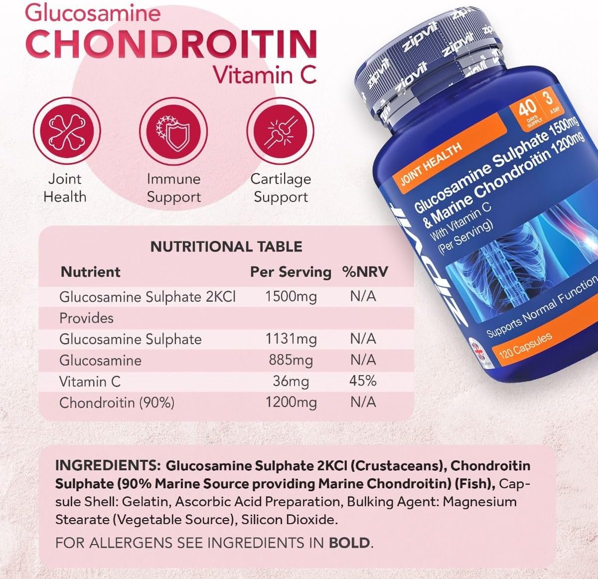 Zipvit Glucosamine and Chondroitin High Strength with Glucosamine Sulphate 1500mg, Marine Chondroitin 1200mg and Vitamin C, Joint Care Supplements for Men and Women, 120 Capsules : Amazon.co.uk: Health & Personal Care