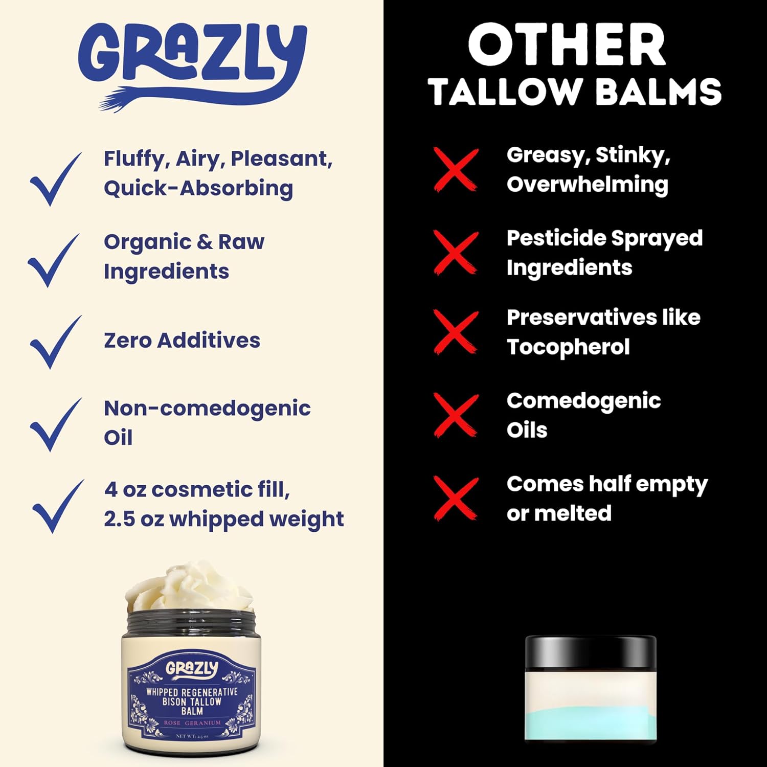 Grazly Whipped Bison Tallow Balm W/Manuka Honey, Jojoba, Rose Geranium Oil - Grass-Fed & Finished Organic Tallow Face Moisturizer - Face & Body Cream For Acne-Prone Skin -Nourishing Skincare (2 Jars) : Beauty & Personal Care