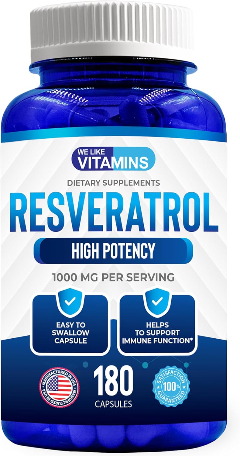 We Like Vitamins Resveratrol 1000Mg Per Serving - 180 Easy To Swallow Veggie Capsules - Natural Resveratrol Supplement 1000Mg - Antioxidant Supplement Helps Support Anti-Aging And Immune System