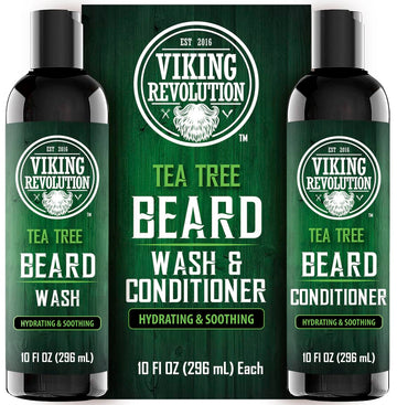 Viking Revolution Tea Tree Oil Beard Wash And Beard Conditioner For Men - Natural Beard Softener Set With Argan Oil, Vitamin E And Ginseng - Tea Tree Beard Shampoo And Conditioner Set (10 Oz)