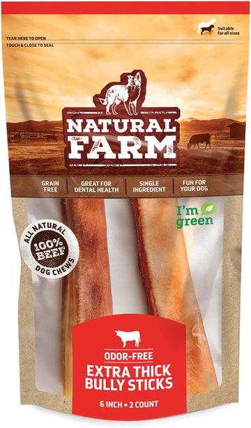 Natural Farm Odor-Free Jumbo Bully Sticks, (6 Inch, 2 Pack), Extra-Thick Chews For Dogs, Fully Digestible 100% Beef Treats, Great For Dental Health, Keep Your Dog Busy With 50% Longer Lasting Chews