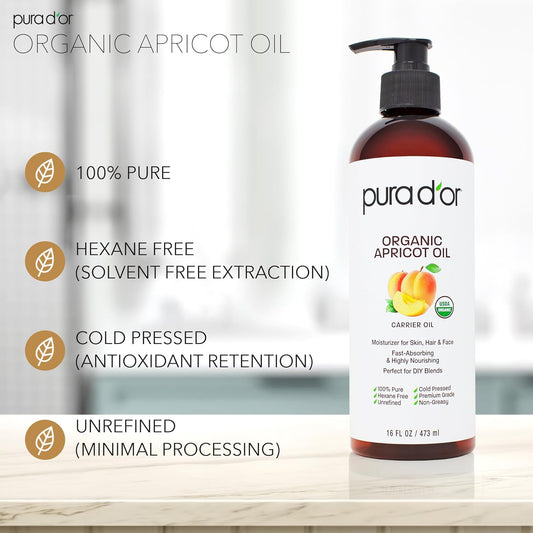 Pura D'Or 16 Oz Organic Apricot Kernel Oil - 100% Pure & Natural Usda Certified Cold Pressed Carrier Oil - Antioxidant & Vitamin E Rich Moisturizer For Natural Glow & Softness - Face, Skin & Hair