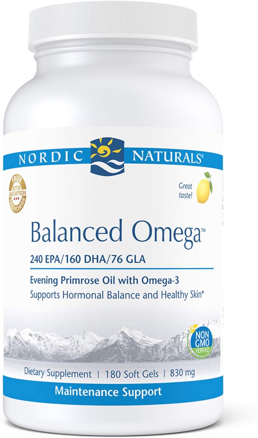 Nordic Naturals Pro Balanced Omega, Lemon - 180 Soft Gels - 500 mg Omega-3 + 800 mg Evening Primrose Oil - Healthy Skin, Hormonal Balance - Non-GMO - 90 Servings