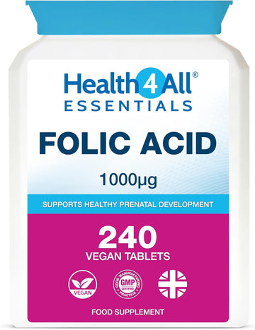 Health4All Folic Acid 1000Mcg, 240 Tablets 8 Months Supply, Supports Healthy Prenatal Development, Reduce Tiredness & Fatigue, Normal Immune Response, High Strength Vegan Vitamin B9 | Made In Uk